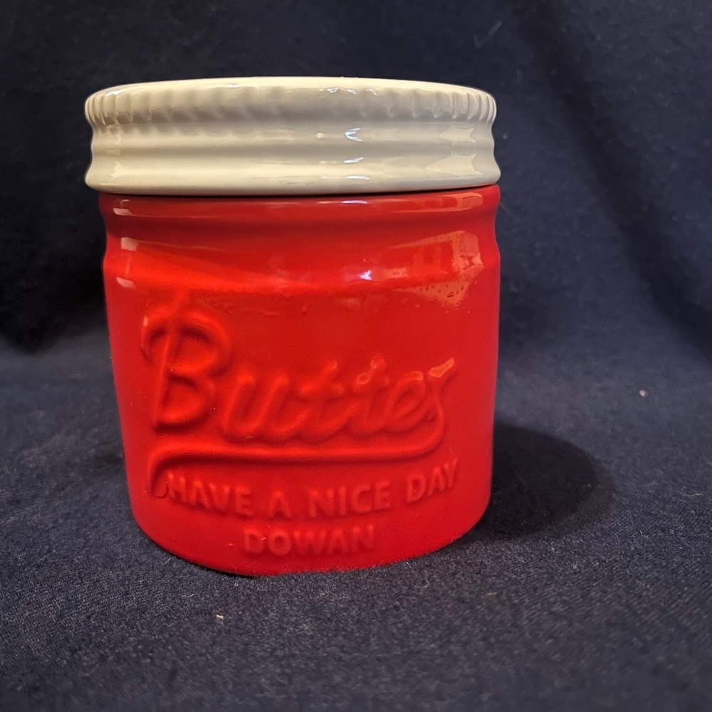 Dowan Butter Keeper Crock porcelain red & white